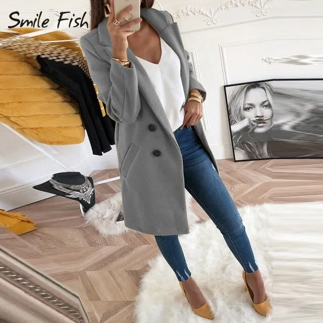 2020 Autumn Winter Wool Blend Coat Female Casual Mid-Long Overcoats Jacket Elegant Solid Women Long Sleeve Buttons Outwear GV782