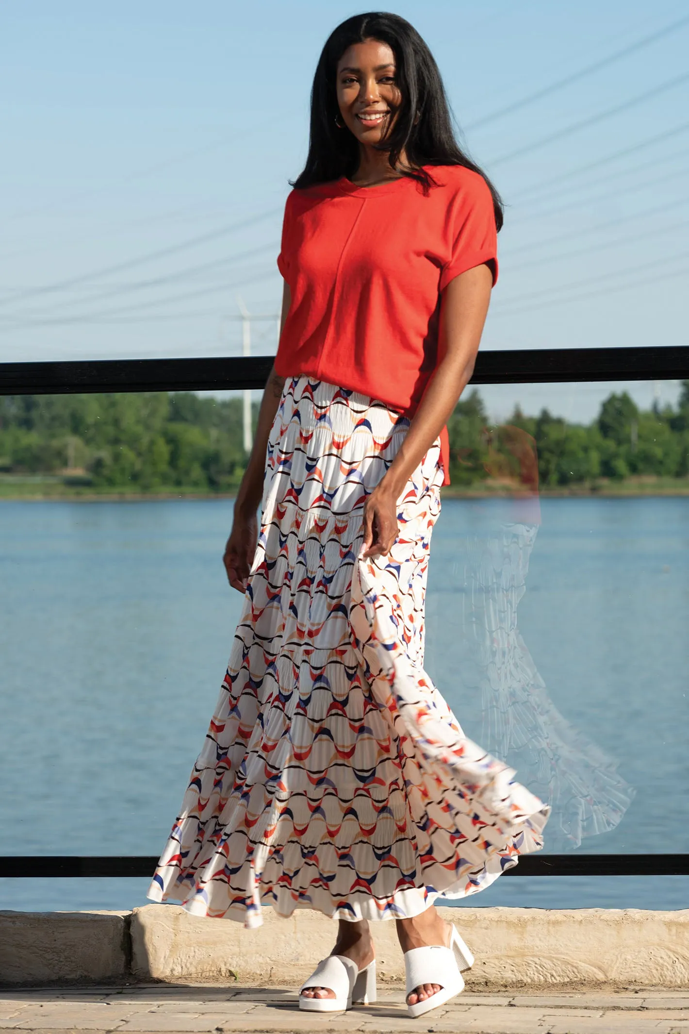 Alison Sheri Skirt Tiered Midi Coral Print A45407