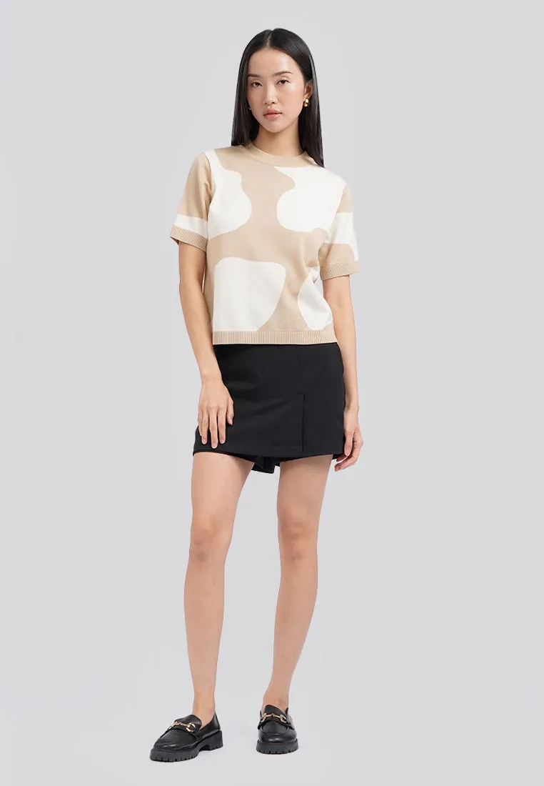 Animal Printed Short Sleeve Knit Top Khaki