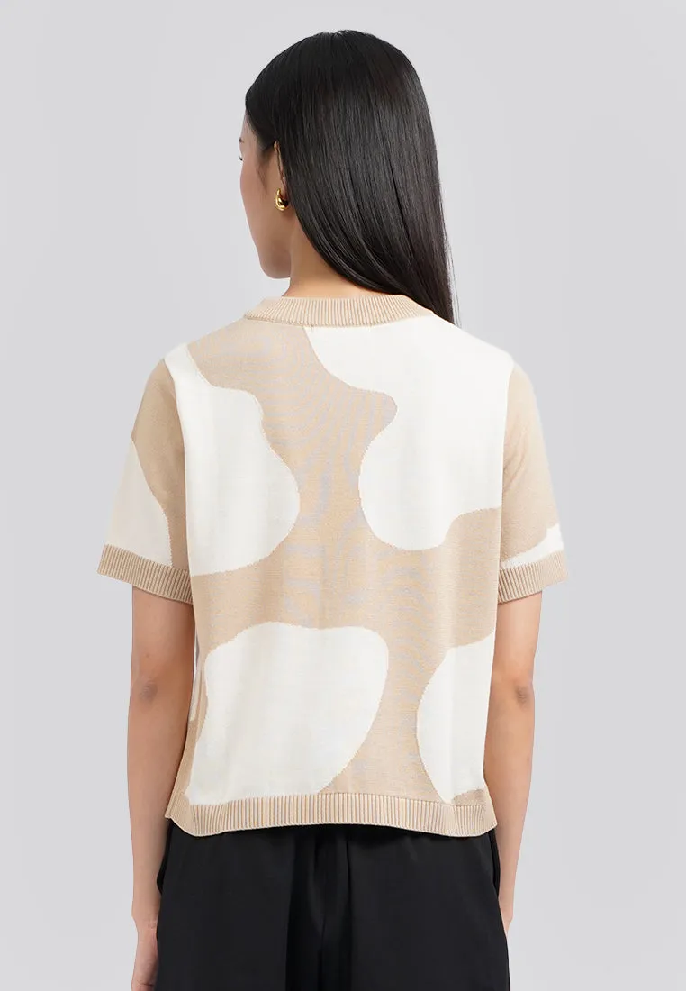 Animal Printed Short Sleeve Knit Top Khaki