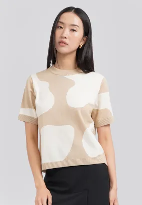 Animal Printed Short Sleeve Knit Top Khaki