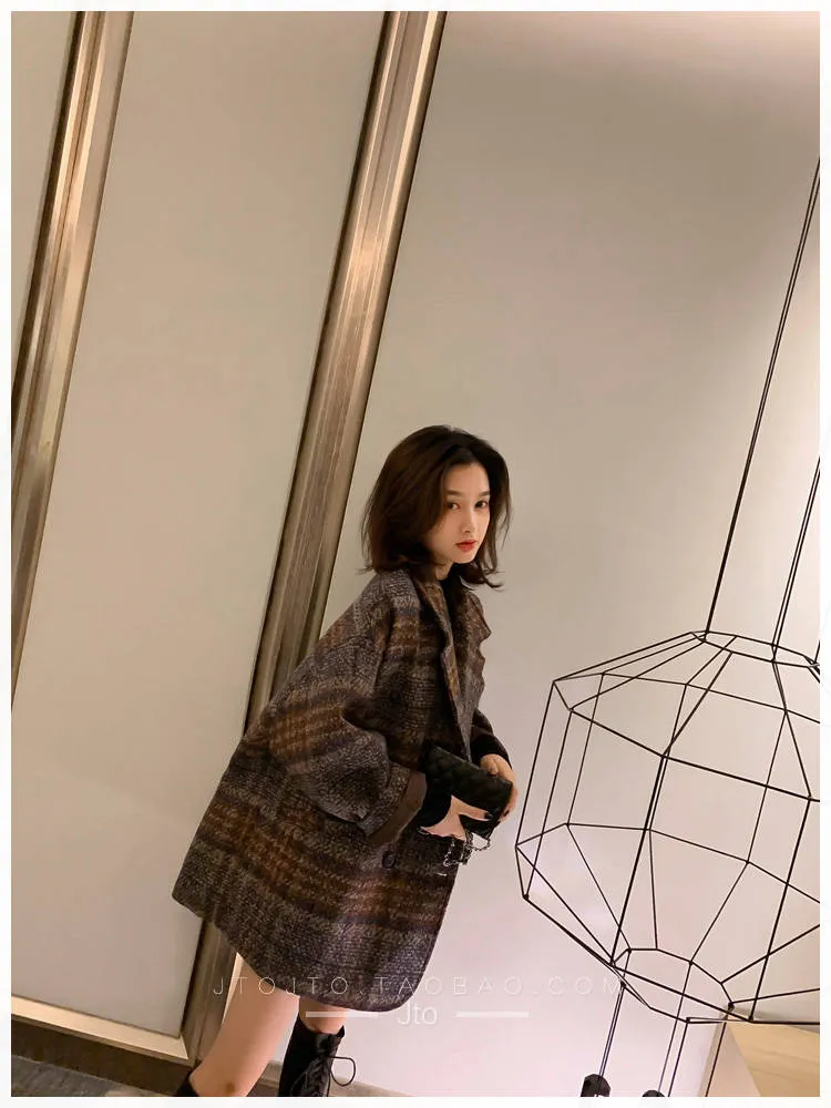 Bella philosophy Winter Korean Overcoat Women 2020 Vintage Woolen Loose Coats female Double Breasted Turn-down Collar Overcoat