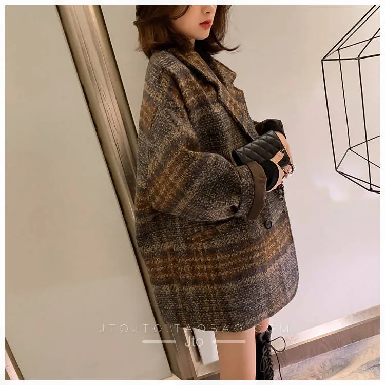 Bella philosophy Winter Korean Overcoat Women 2020 Vintage Woolen Loose Coats female Double Breasted Turn-down Collar Overcoat