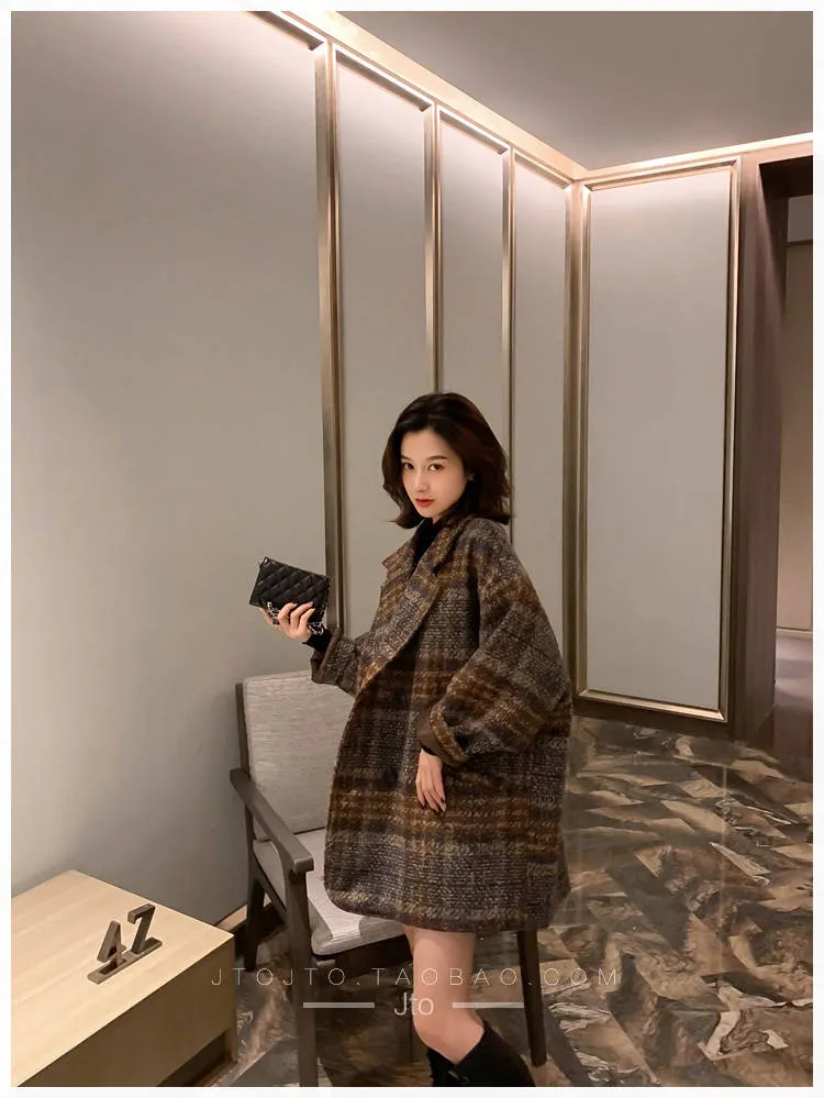 Bella philosophy Winter Korean Overcoat Women 2020 Vintage Woolen Loose Coats female Double Breasted Turn-down Collar Overcoat