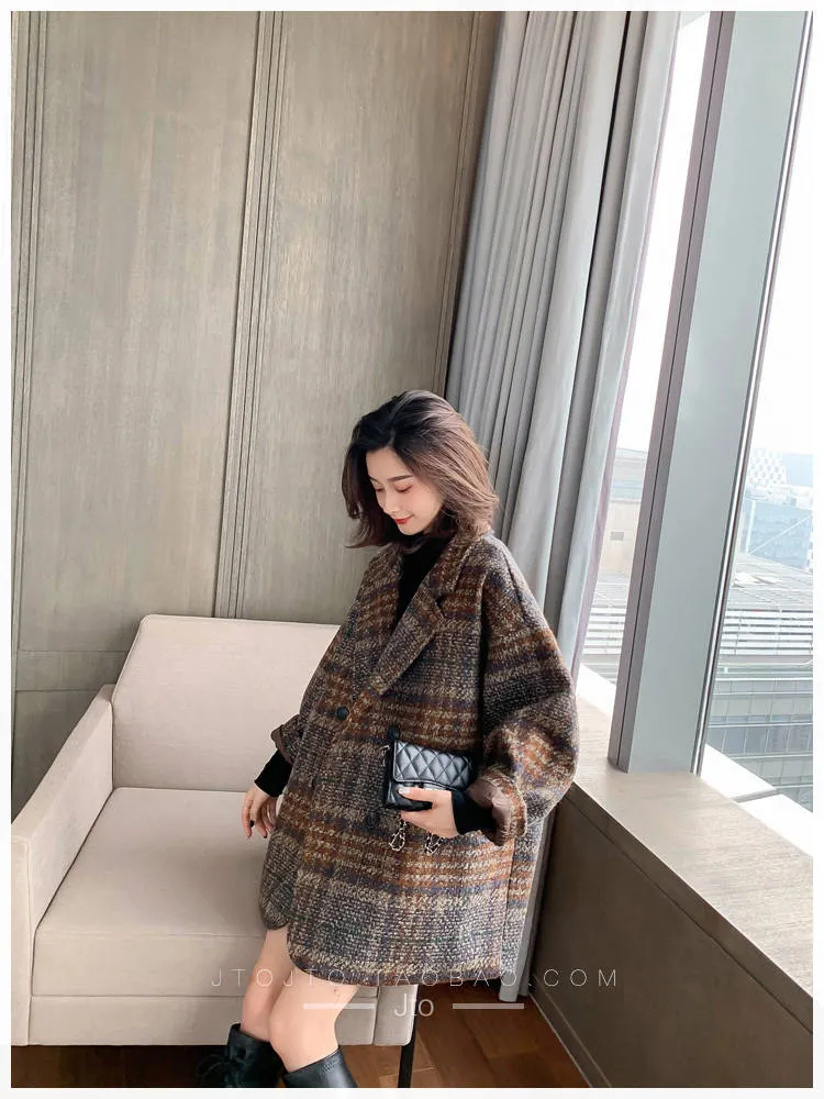 Bella philosophy Winter Korean Overcoat Women 2020 Vintage Woolen Loose Coats female Double Breasted Turn-down Collar Overcoat