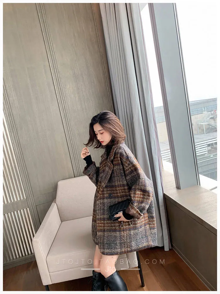 Bella philosophy Winter Korean Overcoat Women 2020 Vintage Woolen Loose Coats female Double Breasted Turn-down Collar Overcoat