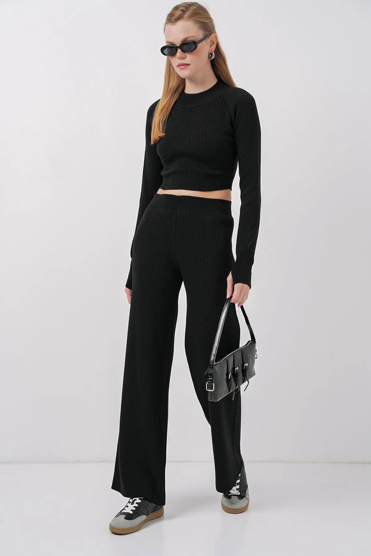 BGD Women Women's Crop Sweater Pants Knitwear Set - Black - Smethwick