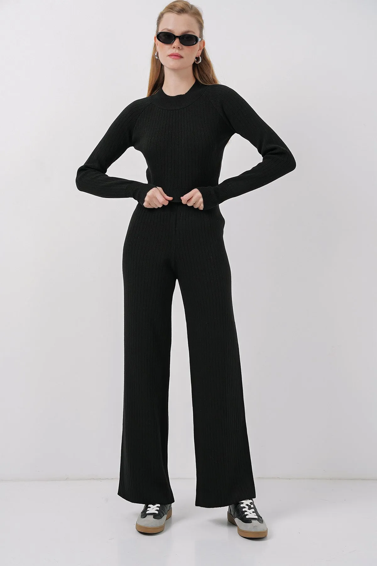 BGD Women Women's Crop Sweater Pants Knitwear Set - Black - Smethwick
