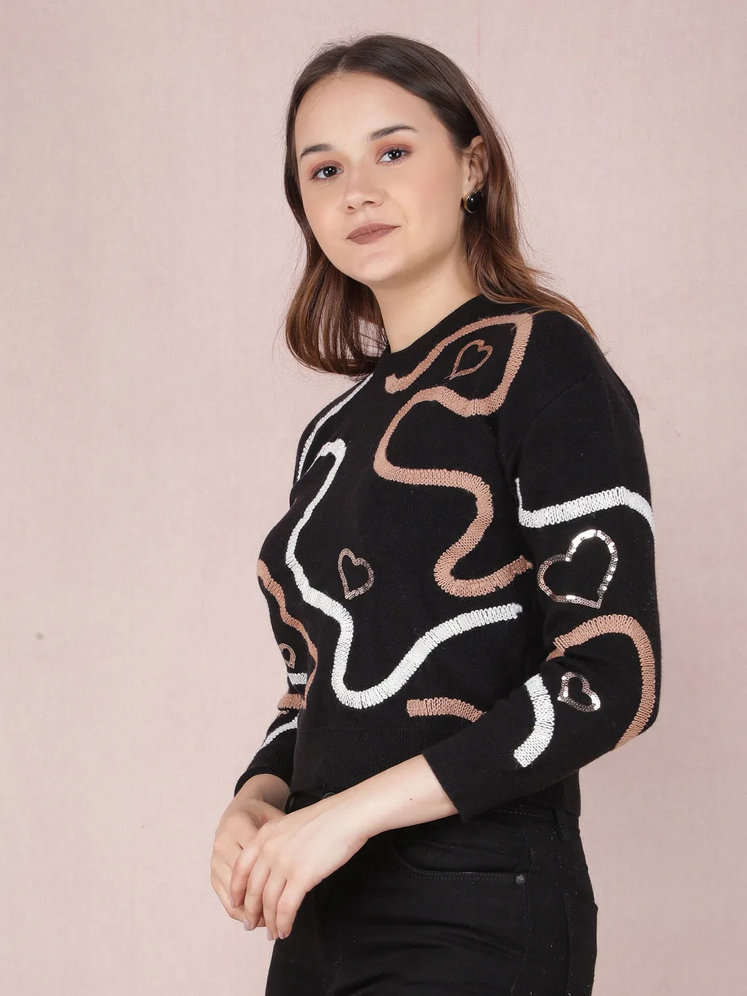 Black Graphic Print Crop Sweater