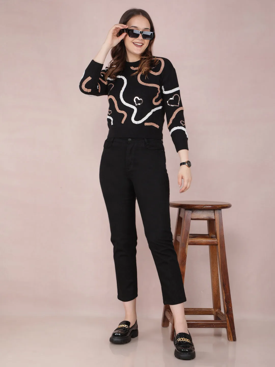 Black Graphic Print Crop Sweater