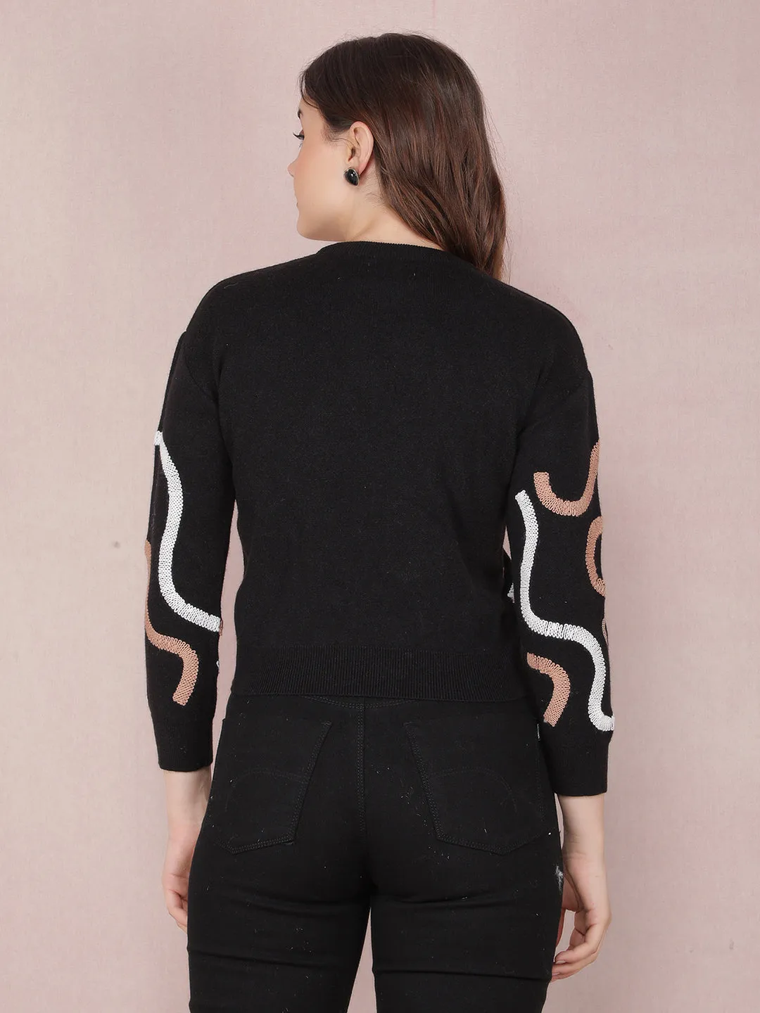 Black Graphic Print Crop Sweater