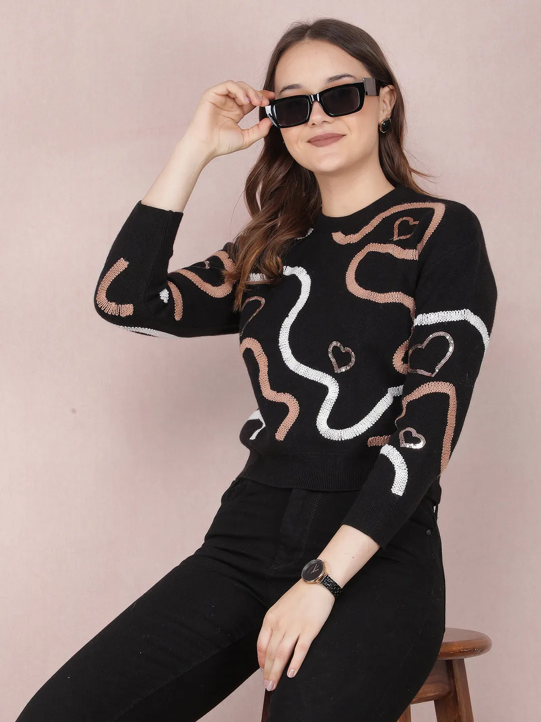 Black Graphic Print Crop Sweater