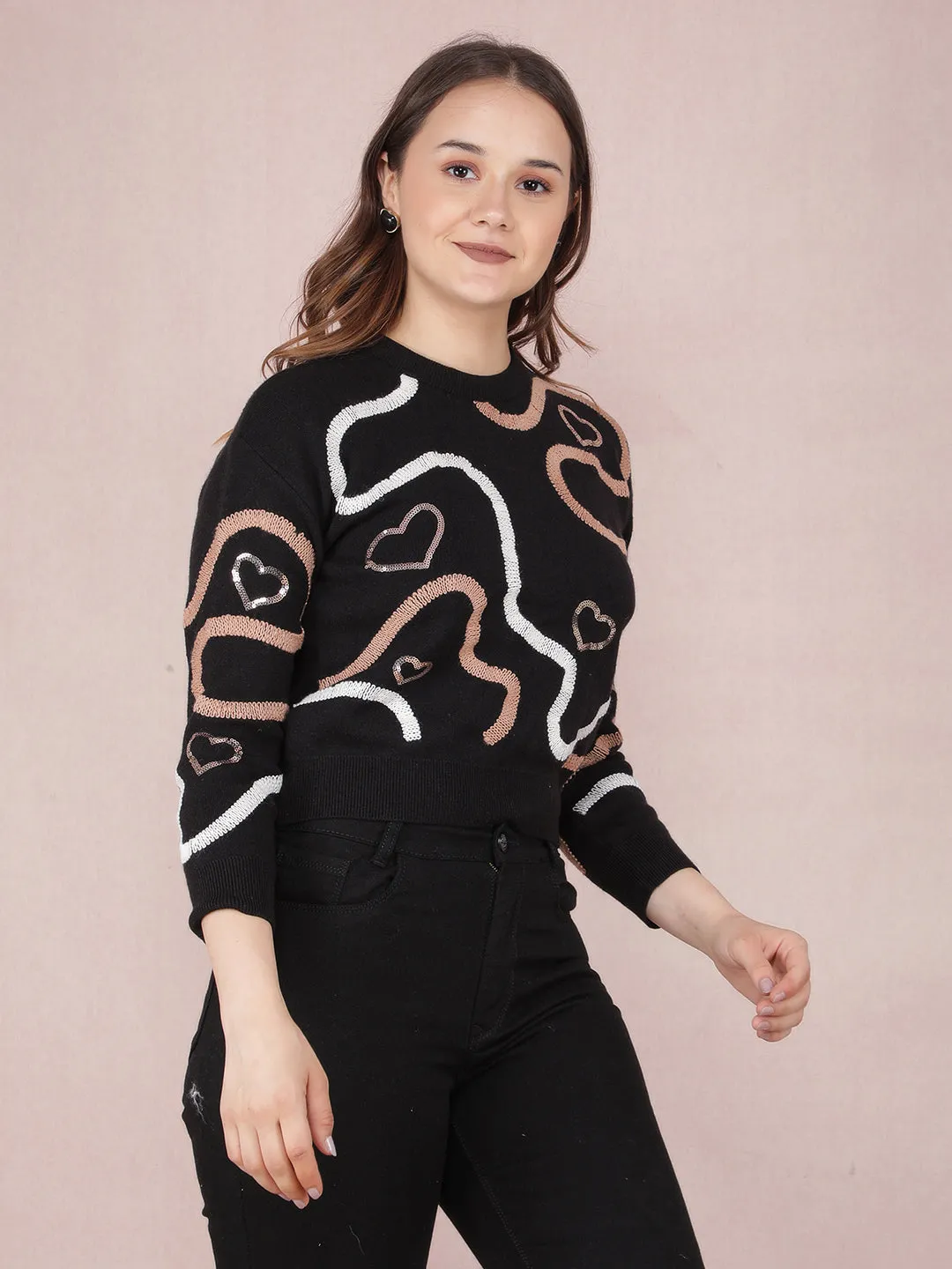 Black Graphic Print Crop Sweater