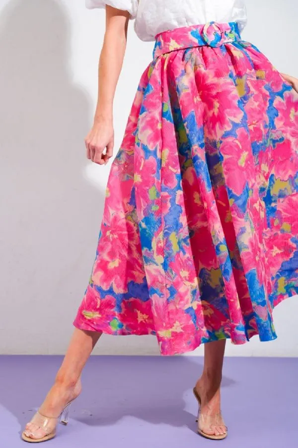 chiffon floral print a-line midi skirt