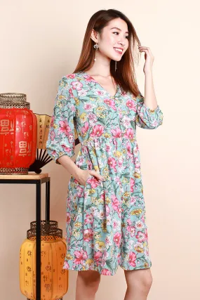 Corey Floral Print Sleeved Dress - Sky [S/M/L/XL]