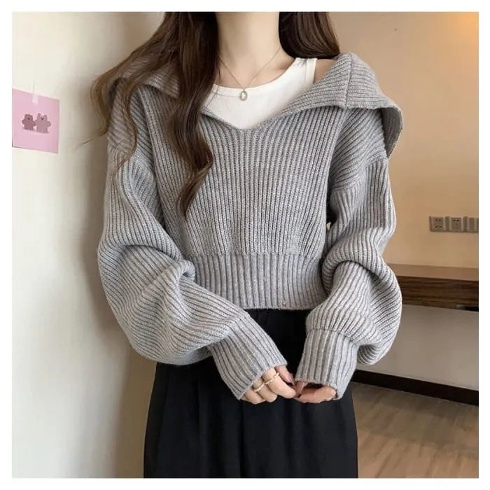 Cropped Sailor-Collar Loose Knit Sweater