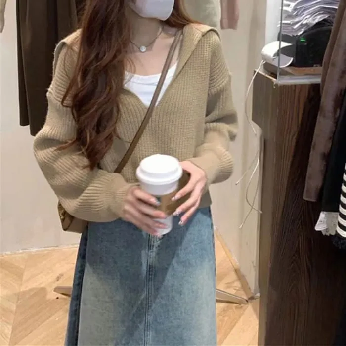 Cropped Sailor-Collar Loose Knit Sweater