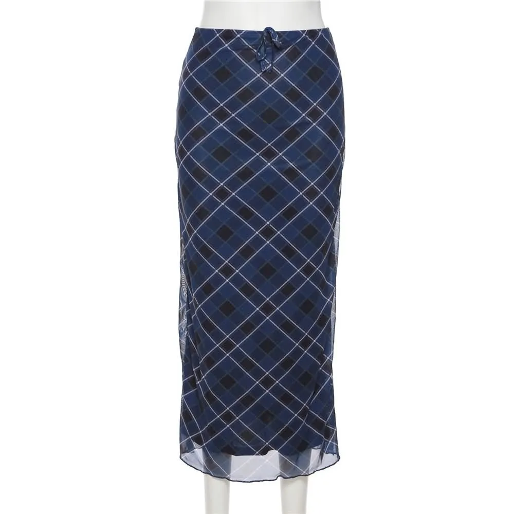 Dark Blue Plaid Mesh Overlay Midi Skirt