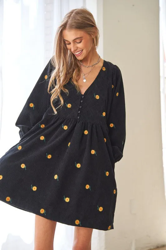 Davi & Dani Corduroy Sunflowers Womens Tunic/Dress Black or Brick S-XL