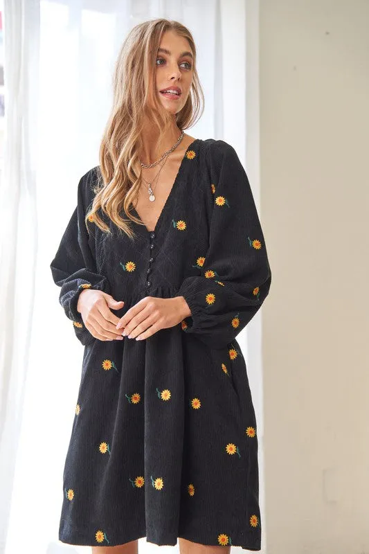 Davi & Dani Corduroy Sunflowers Womens Tunic/Dress Black or Brick S-XL