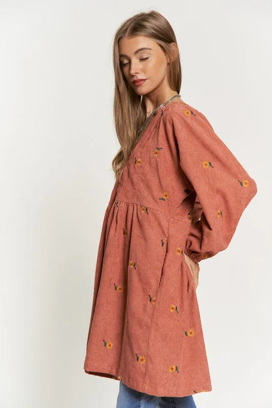 Davi & Dani Corduroy Sunflowers Womens Tunic/Dress Black or Brick S-XL
