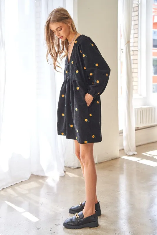 Davi & Dani Corduroy Sunflowers Womens Tunic/Dress Black or Brick S-XL