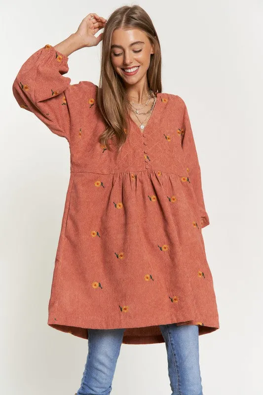 Davi & Dani Corduroy Sunflowers Womens Tunic/Dress Black or Brick S-XL