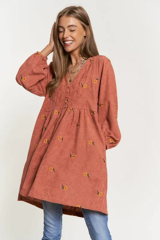 Davi & Dani Corduroy Sunflowers Womens Tunic/Dress Black or Brick S-XL