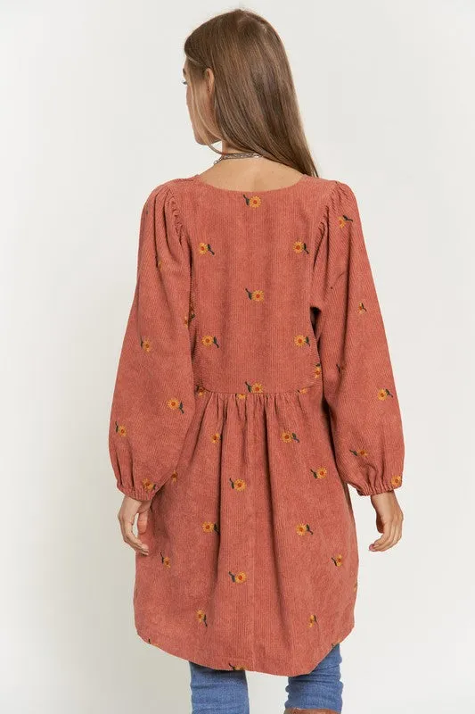 Davi & Dani Corduroy Sunflowers Womens Tunic/Dress Black or Brick S-XL