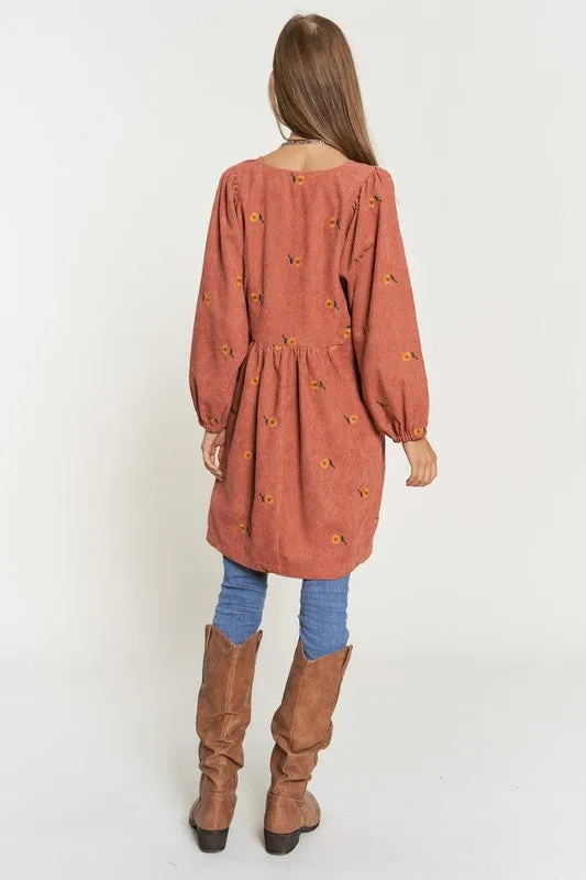 Davi & Dani Corduroy Sunflowers Womens Tunic/Dress Black or Brick S-XL