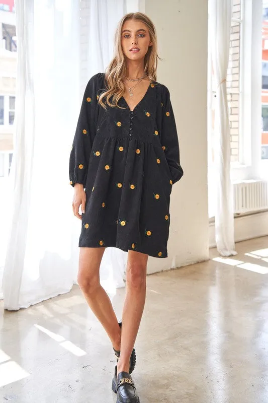 Davi & Dani Corduroy Sunflowers Womens Tunic/Dress Black or Brick S-XL