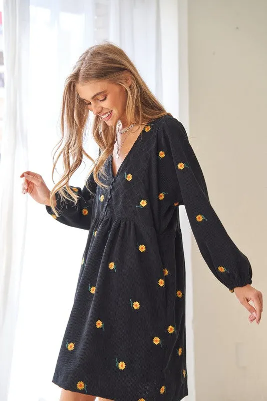 Davi & Dani Corduroy Sunflowers Womens Tunic/Dress Black or Brick S-XL