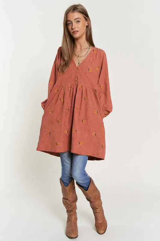 Davi & Dani Corduroy Sunflowers Womens Tunic/Dress Black or Brick S-XL