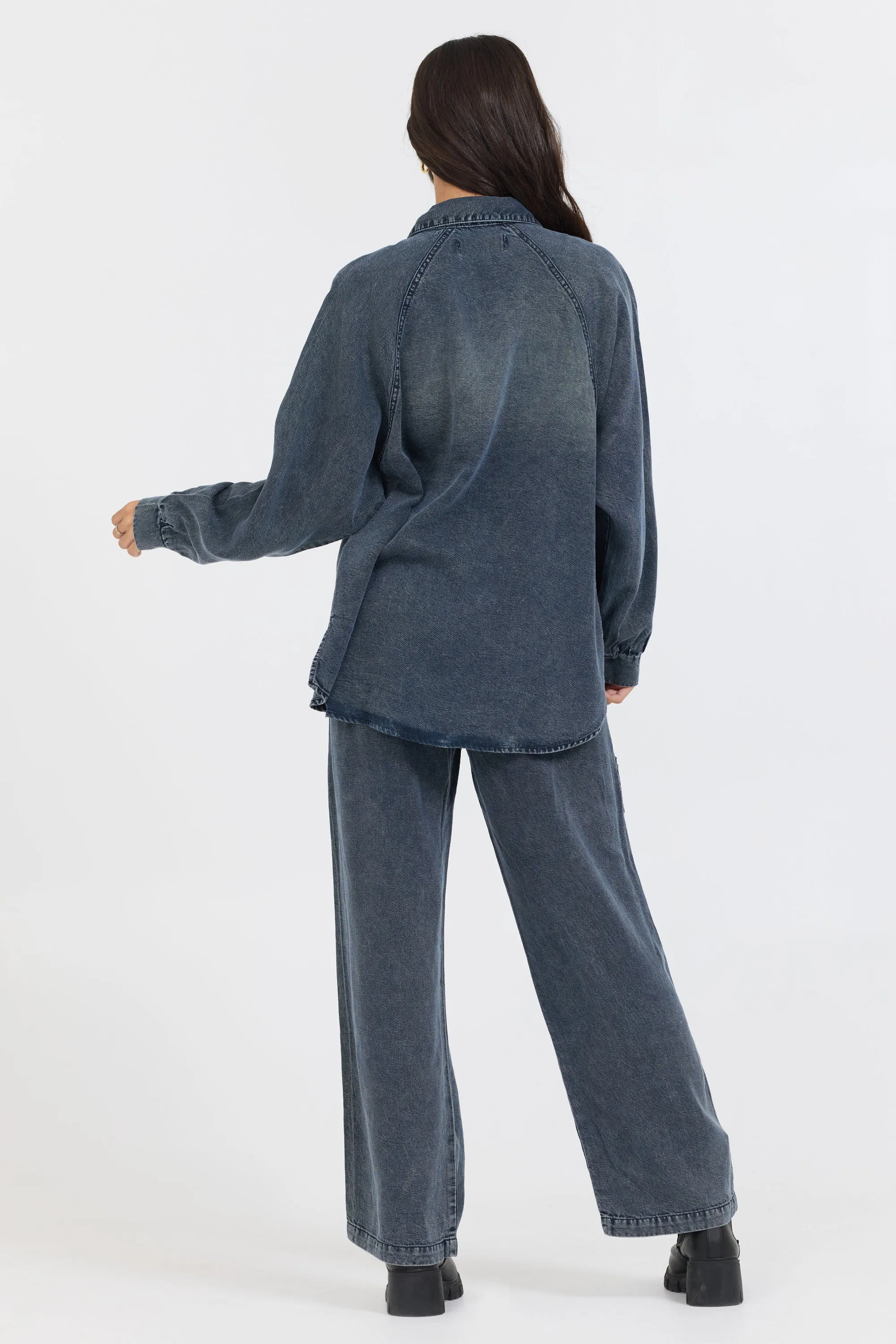 Deep Denim  Zip Up Collared Shirt