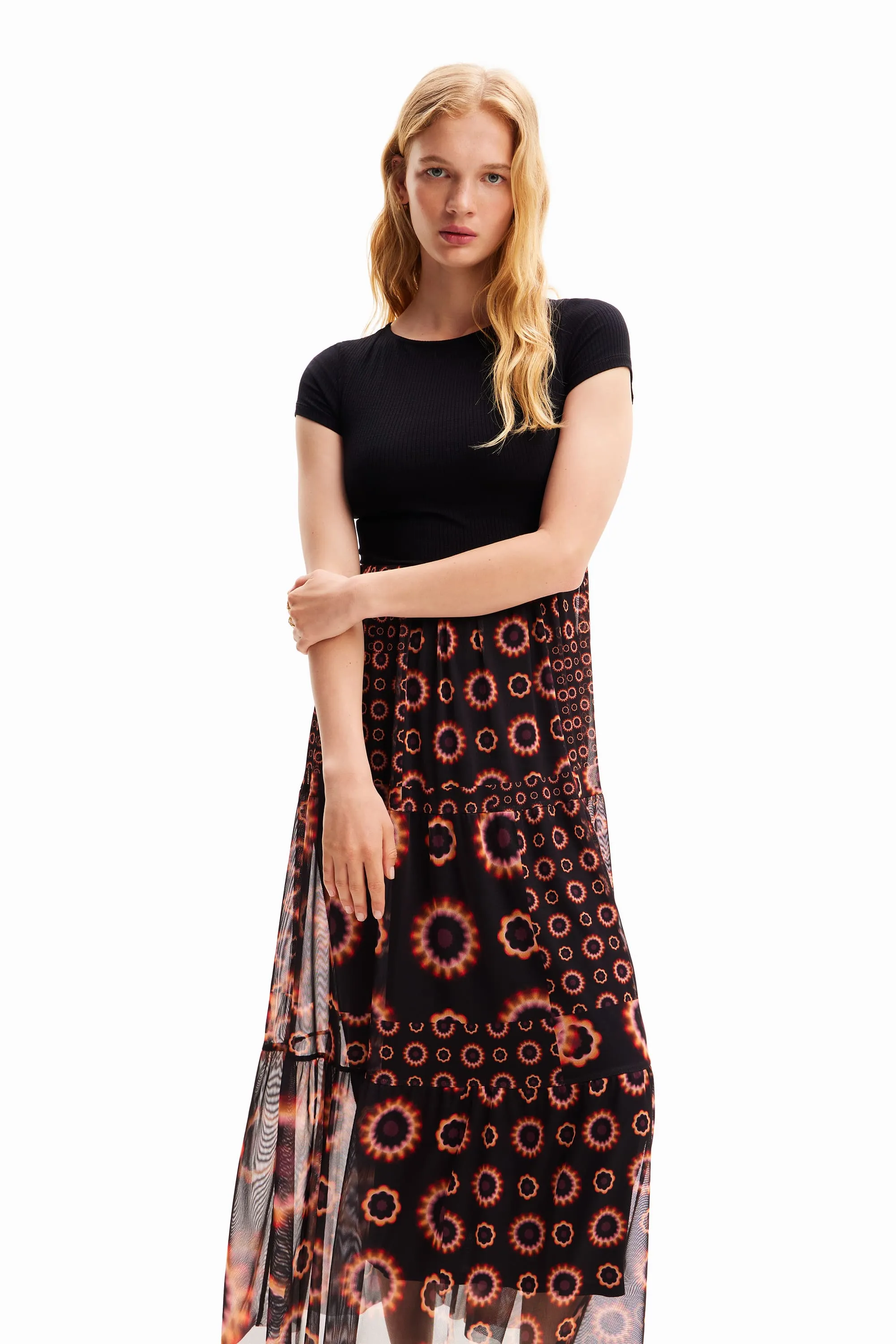 Desigual Galiana Geometric Combination Midi Dress with Tulle Skirt 24SWVK65