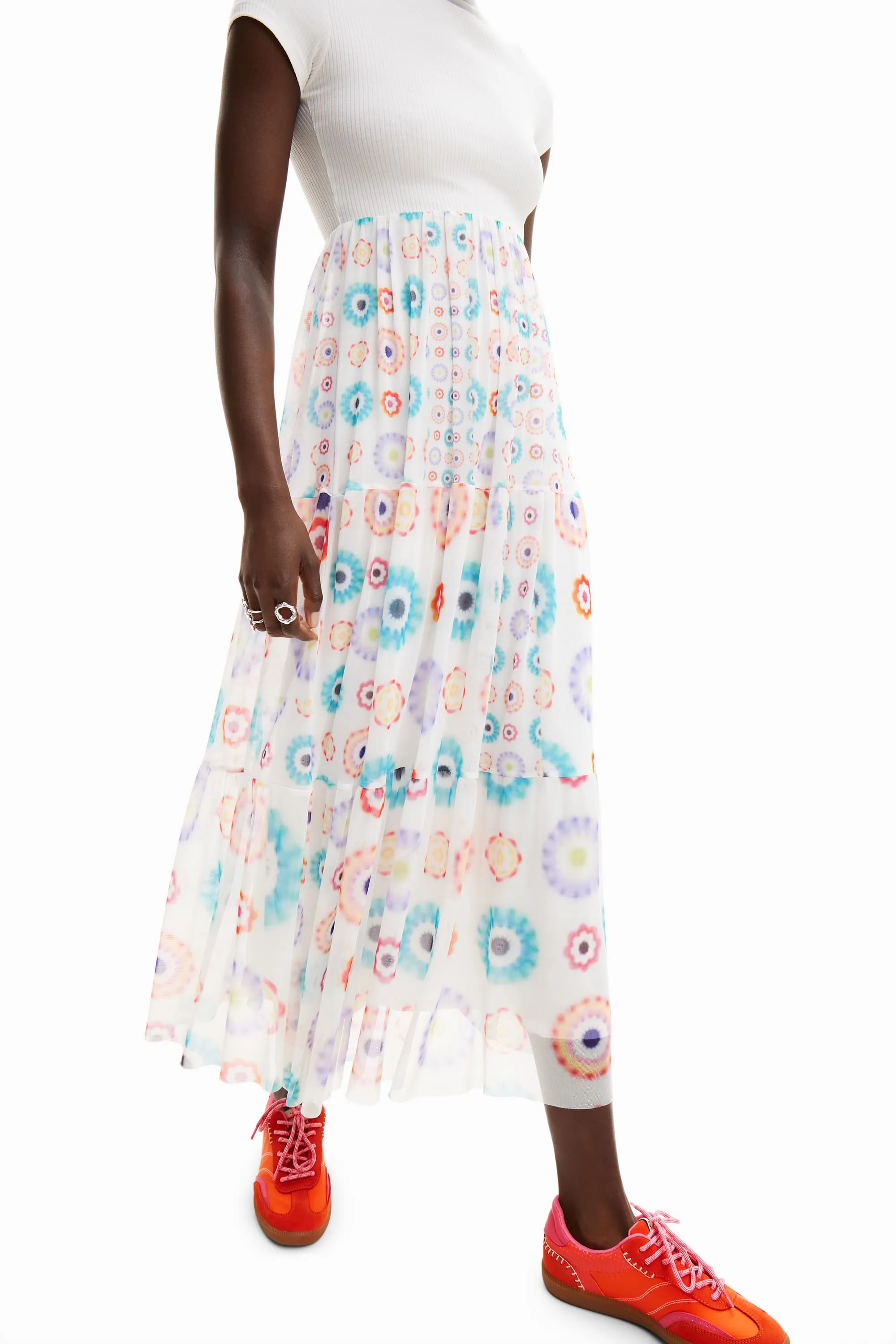Desigual Galiana Geometric Combination Midi Dress with Tulle Skirt 24SWVK65