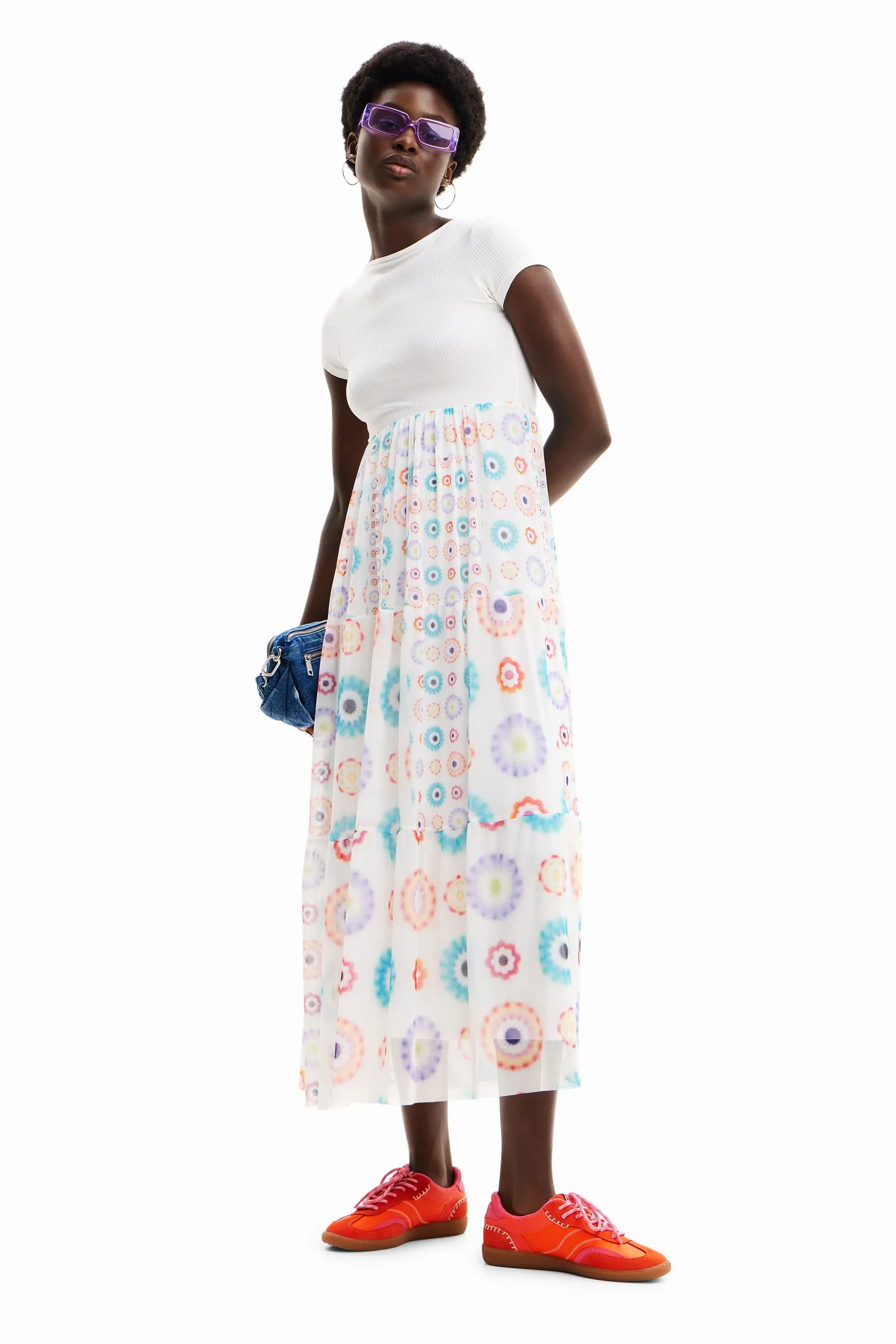 Desigual Galiana Geometric Combination Midi Dress with Tulle Skirt 24SWVK65