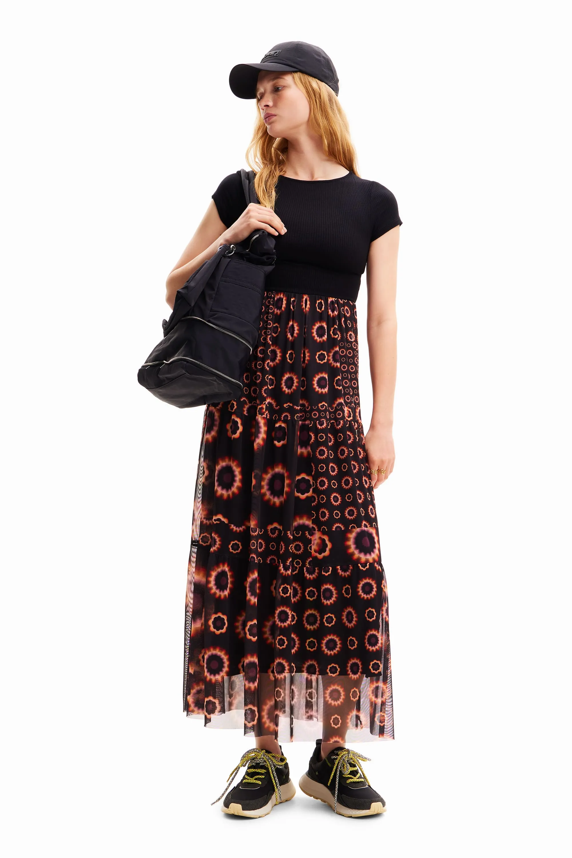 Desigual Galiana Geometric Combination Midi Dress with Tulle Skirt 24SWVK65