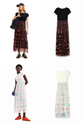 Desigual Galiana Geometric Combination Midi Dress with Tulle Skirt 24SWVK65