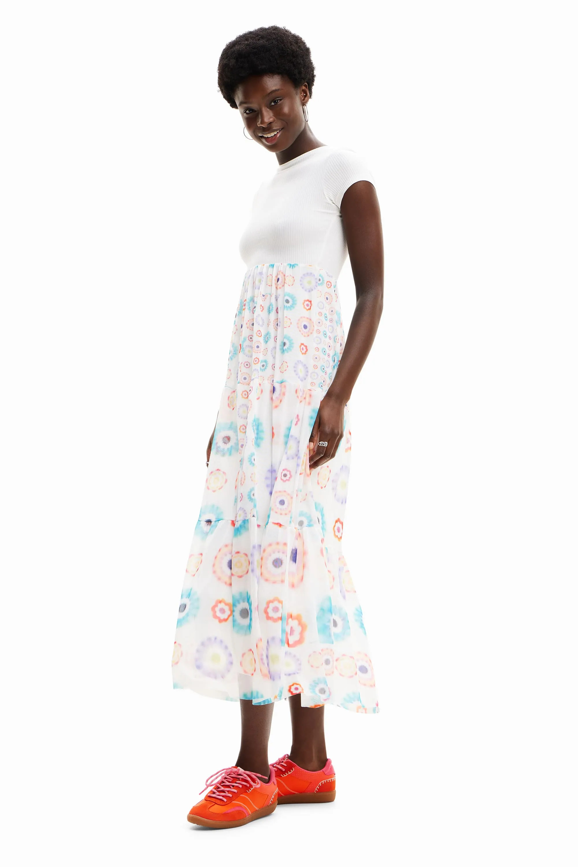 Desigual Galiana Geometric Combination Midi Dress with Tulle Skirt 24SWVK65