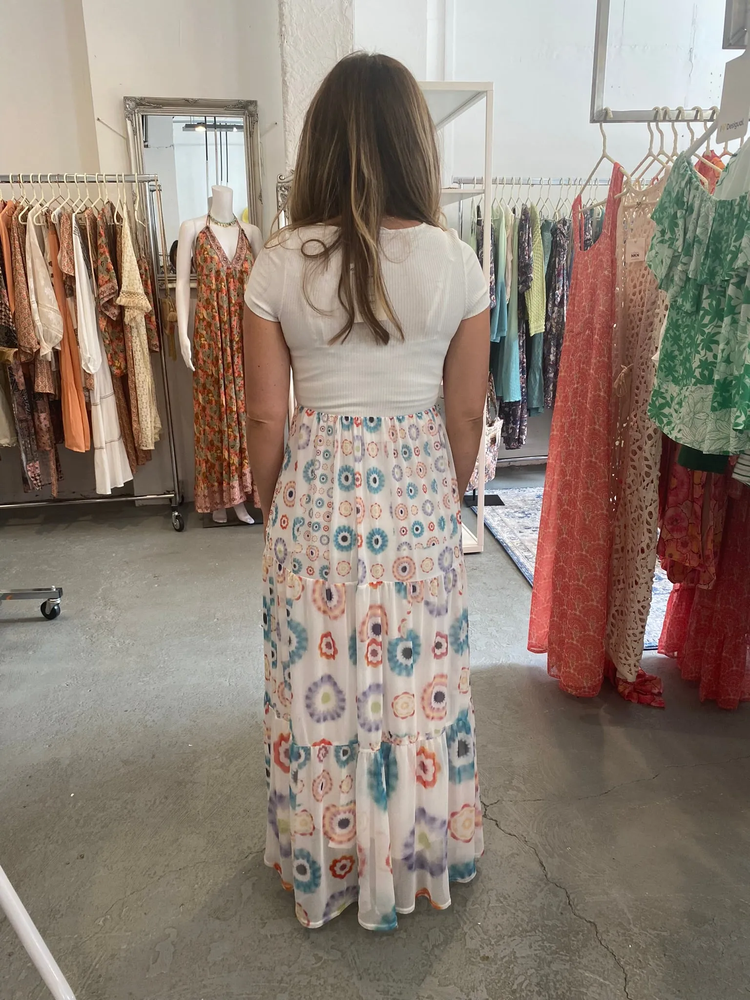 Desigual Galiana Geometric Combination Midi Dress with Tulle Skirt 24SWVK65