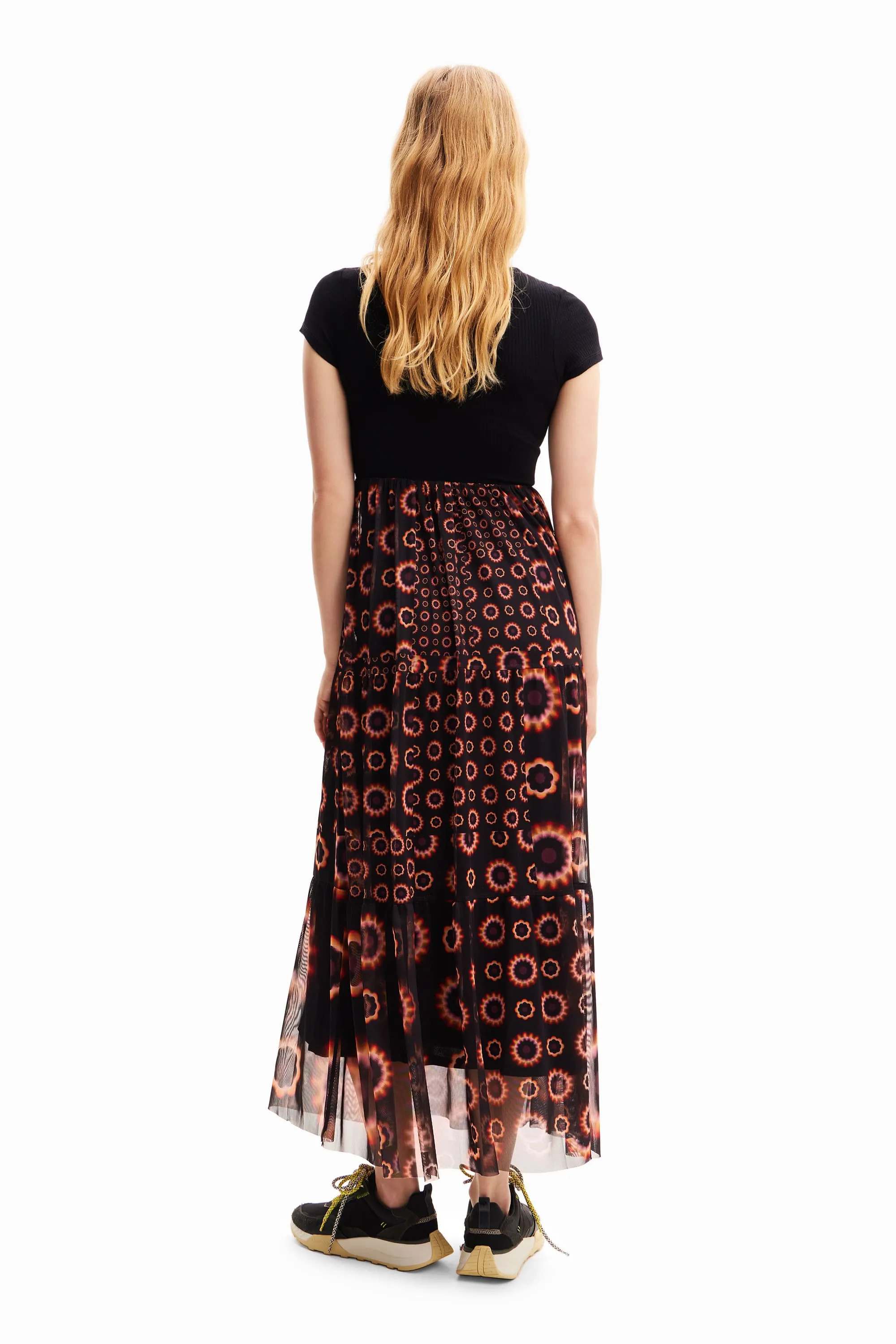 Desigual Galiana Geometric Combination Midi Dress with Tulle Skirt 24SWVK65