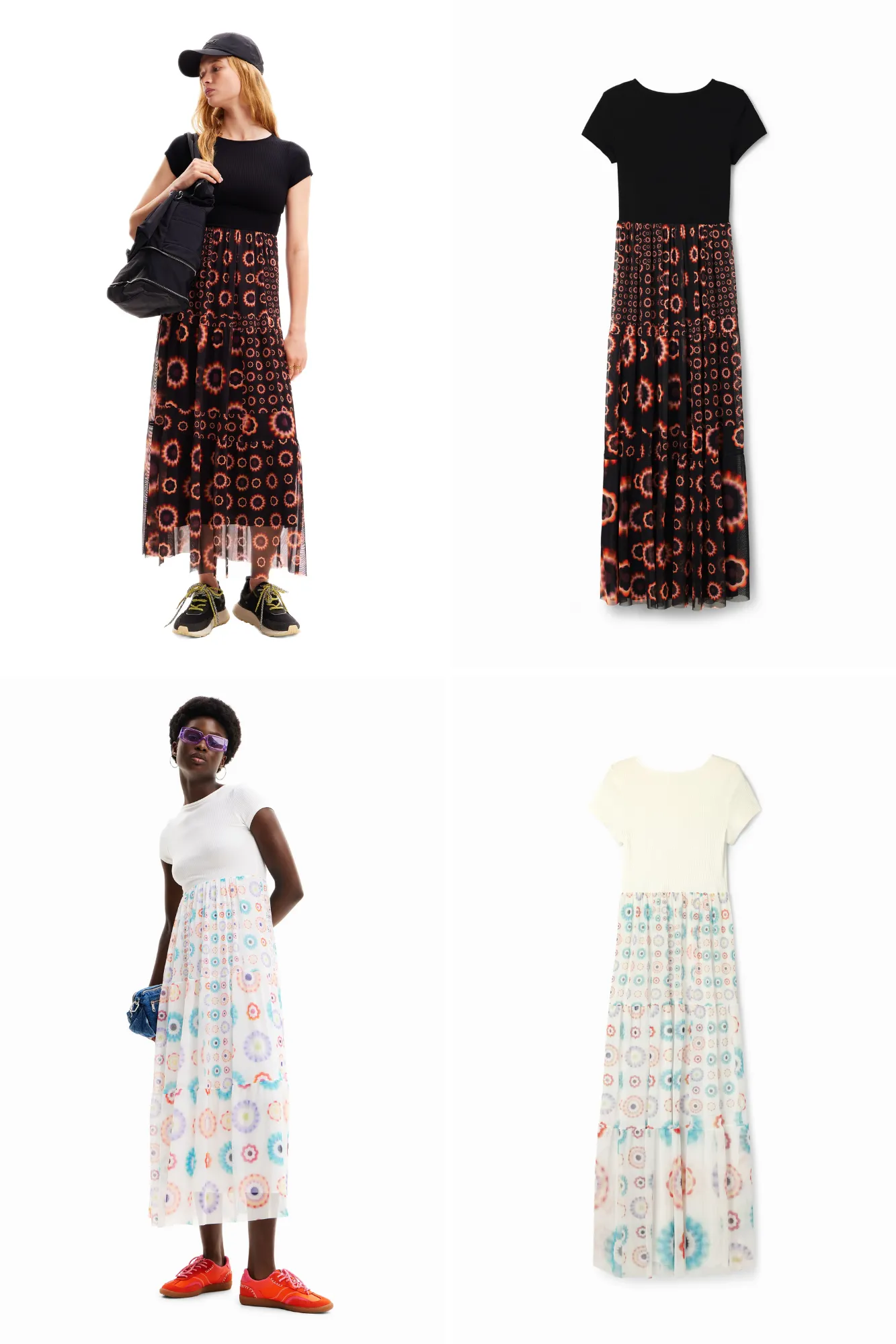 Desigual Galiana Geometric Combination Midi Dress with Tulle Skirt 24SWVK65