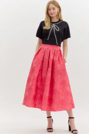 floral jacquard pleated flared midi skirt