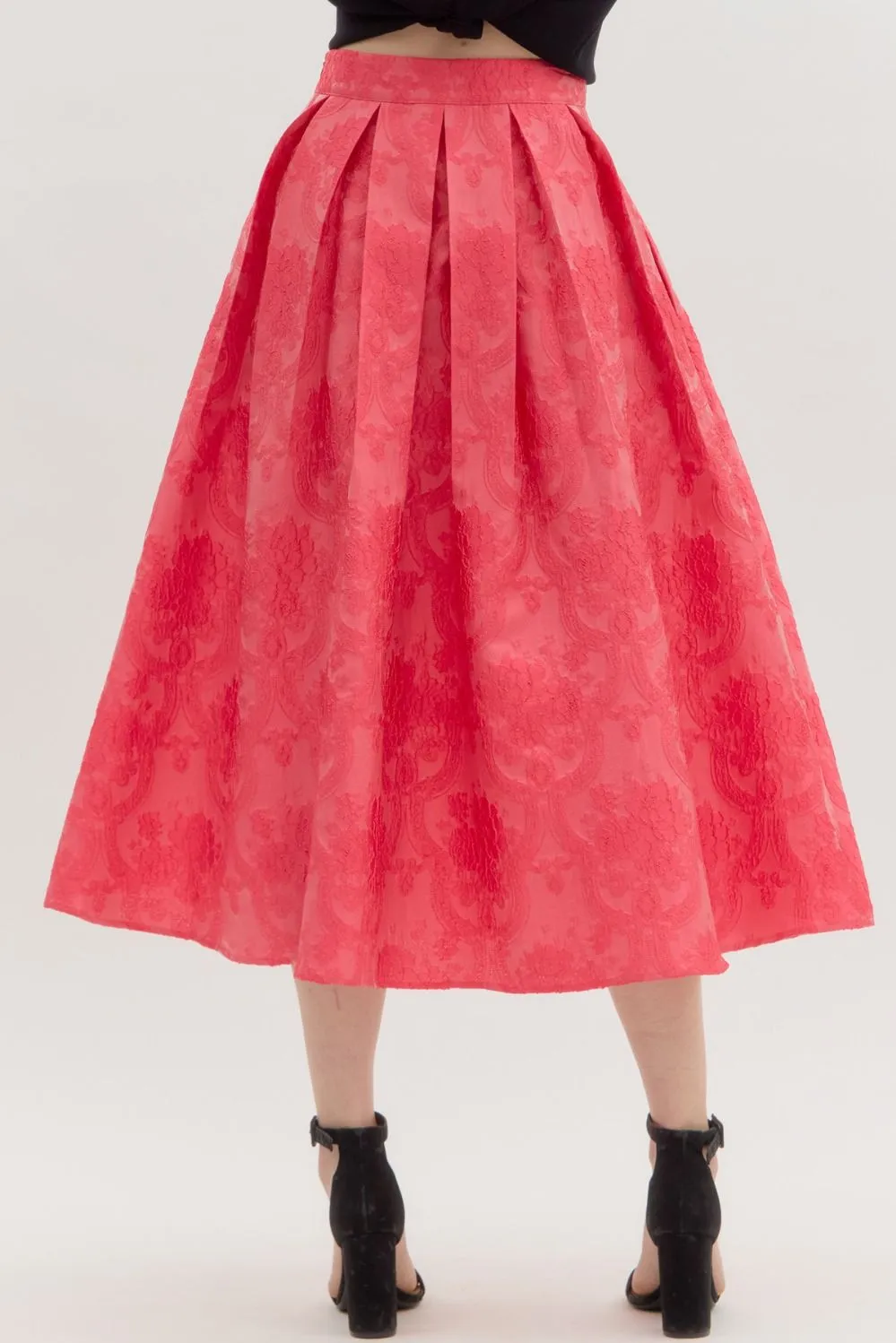 floral jacquard pleated flared midi skirt