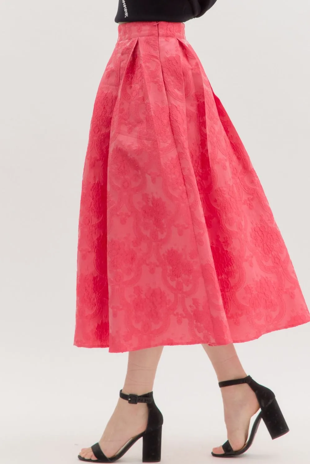 floral jacquard pleated flared midi skirt