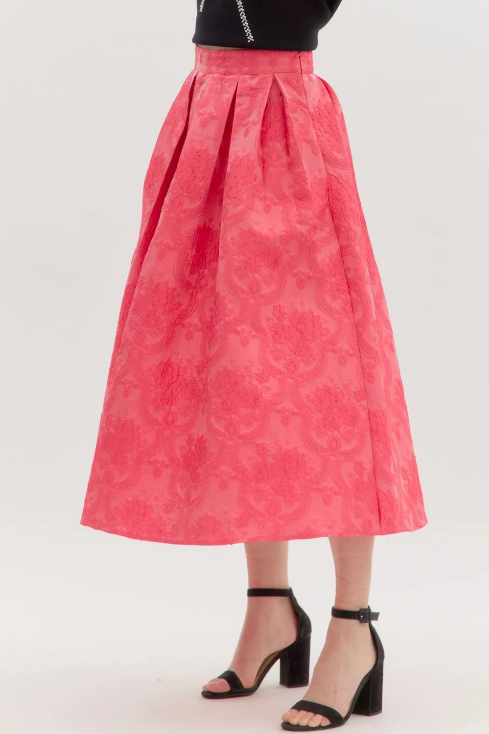 floral jacquard pleated flared midi skirt