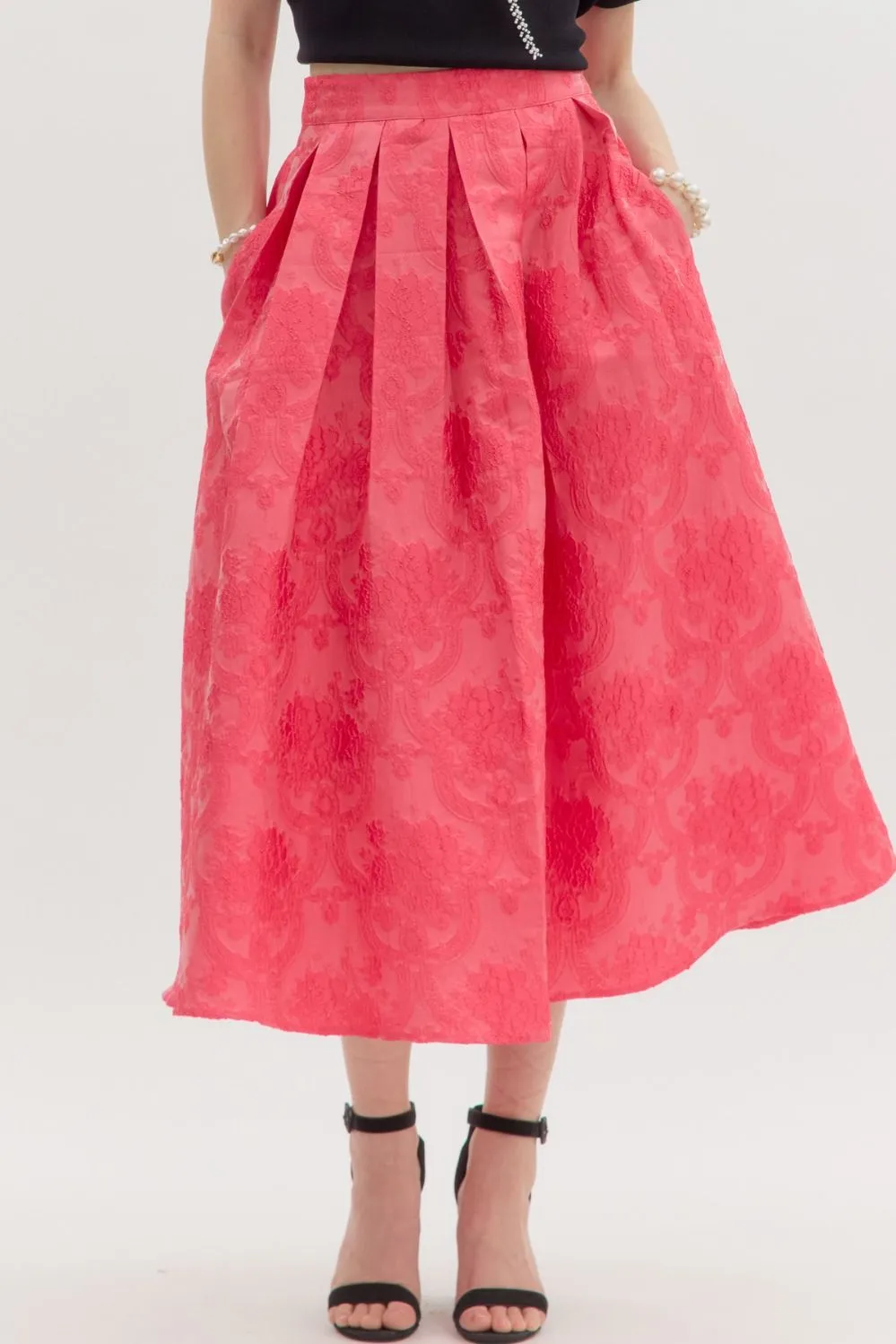 floral jacquard pleated flared midi skirt