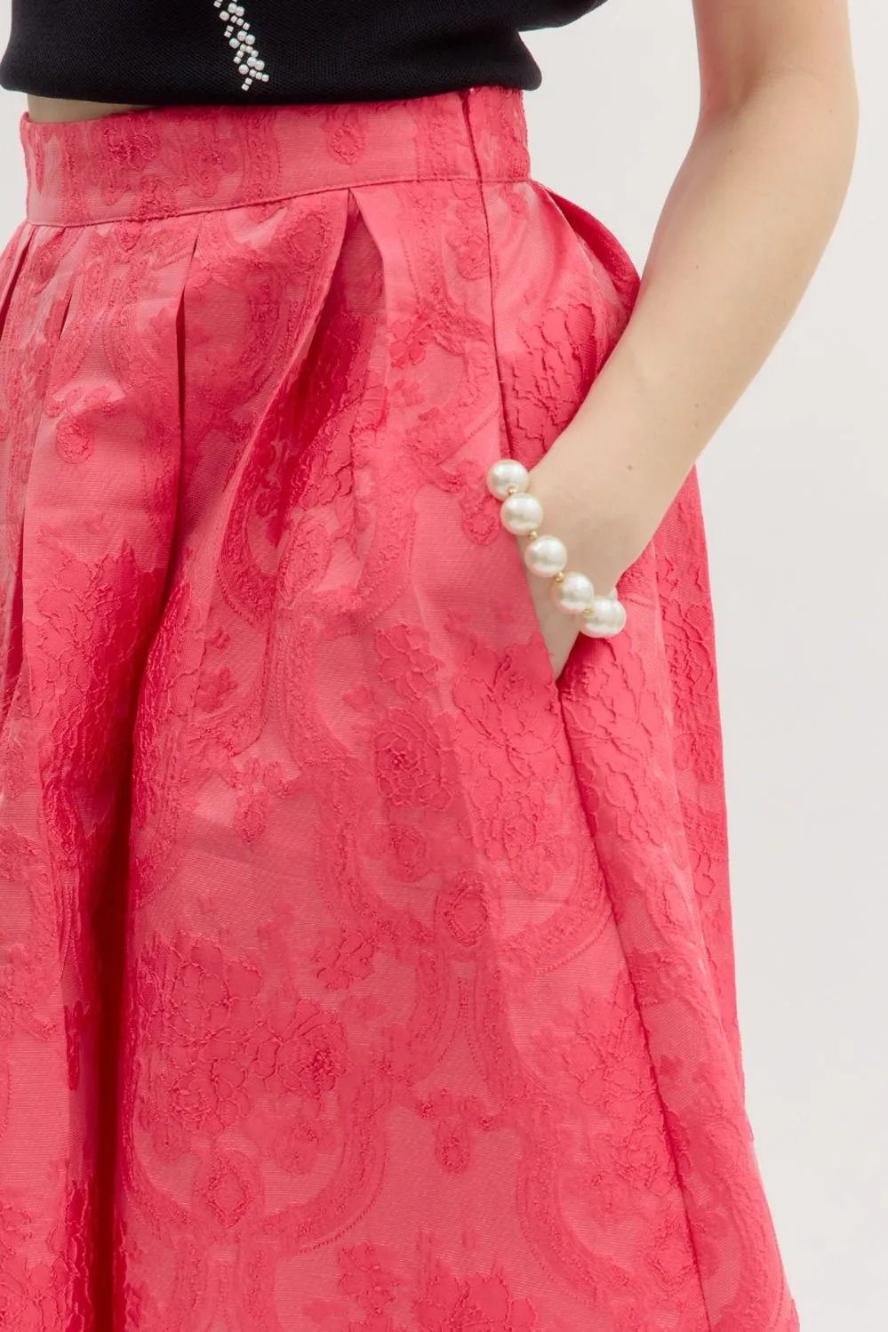 floral jacquard pleated flared midi skirt