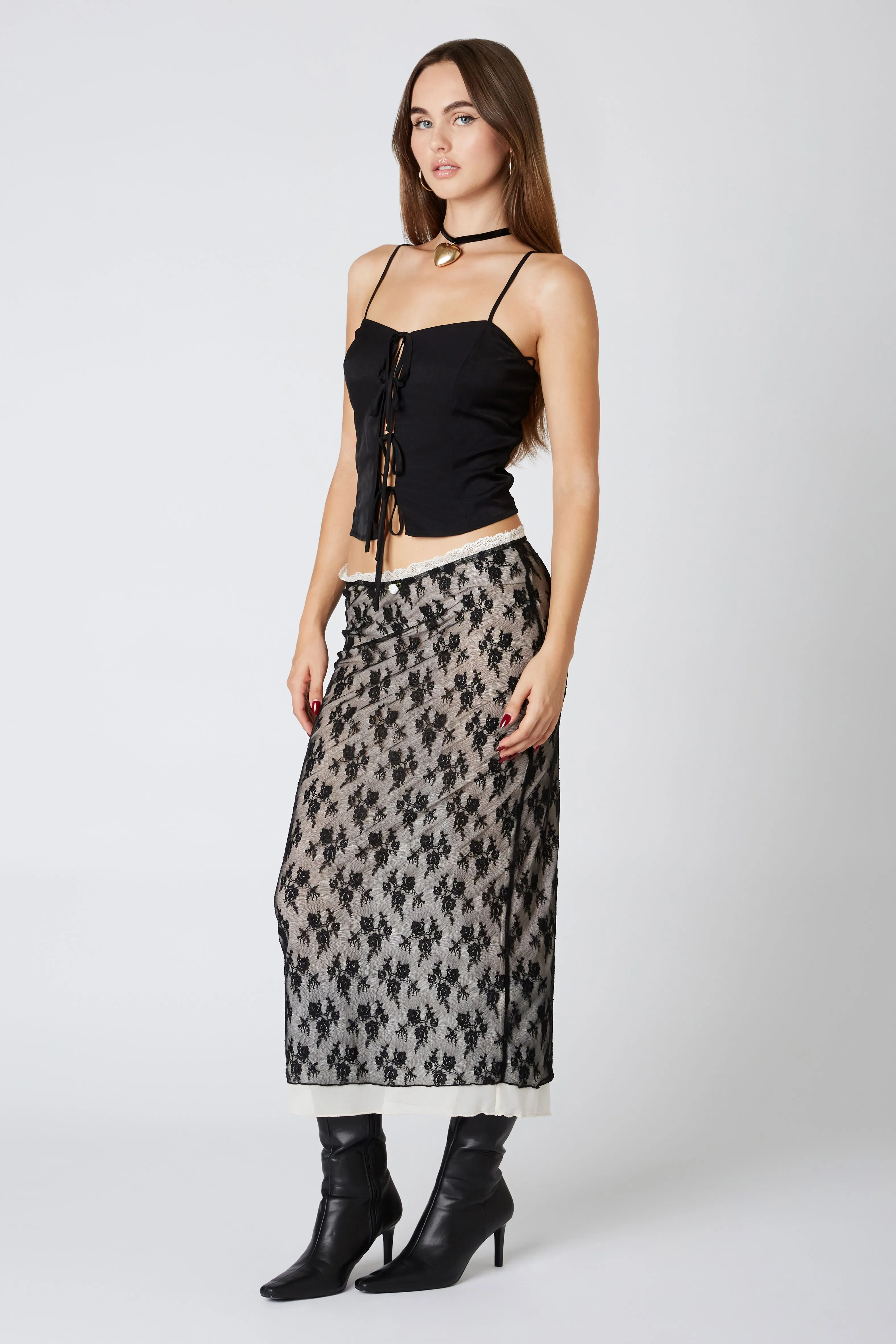 Floral Lace Overlay Midi Skirt